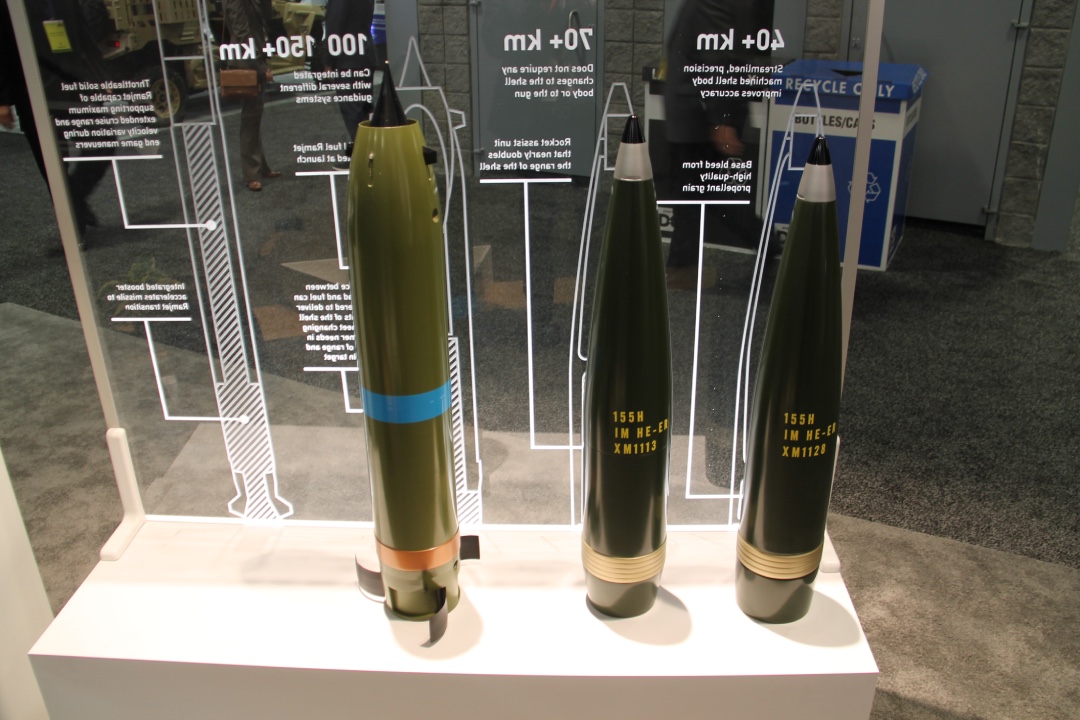 NAMMO are investing on 155 mm ammunition including one with a Ramjet propulsion system (left) and more streamlined 155 mm extended range projectiles (right). (Christopher F Foss)