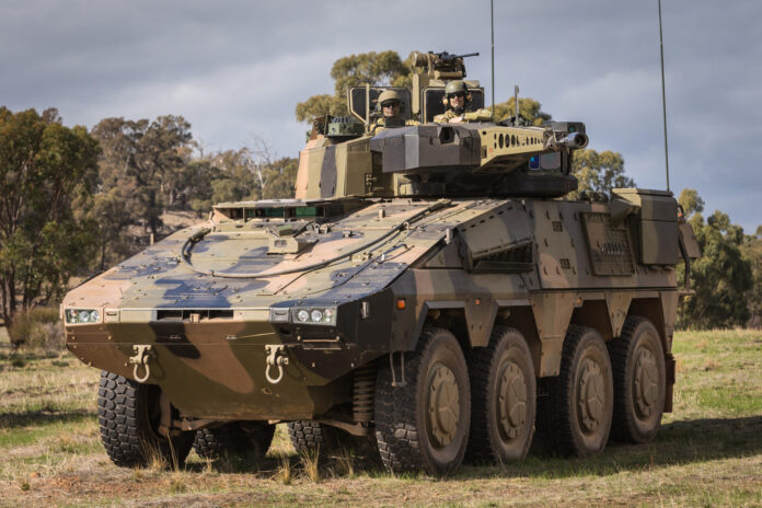 An Australian Army Rheinmetall Boxer Combat Reconnaissance Vehicle on display during Exercise Chong Ju at Puckapunyal training area, Victoria, on 16 May 2018.