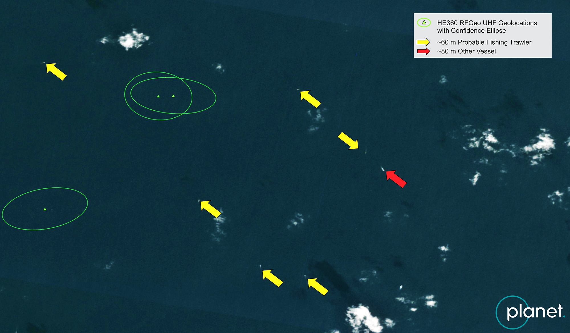 This PlanetScope imagery captured the Site B dark vessels around the same time as the HawkEye 360 UHF signal data, supporting analysis showing UHF communication signals are being used by trawler-type fishing vessels highlighted in the image. (Note vessels have likely shifted positions between time from RF capture to image capture.)